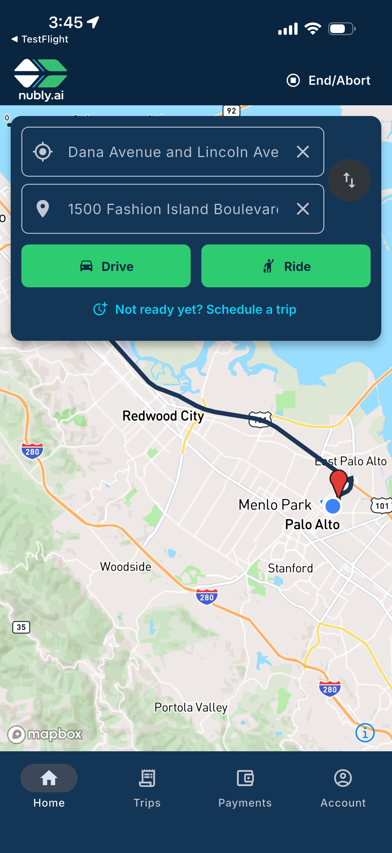 Nubly home screen — Drive and Ride buttons, with a 'Not ready yet? Schedule a trip' link
