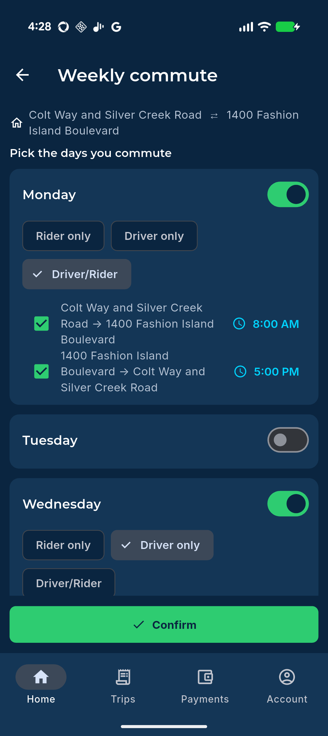Nubly weekly commute scheduler — toggle the days you commute and set driver, rider, or driver/rider for each day